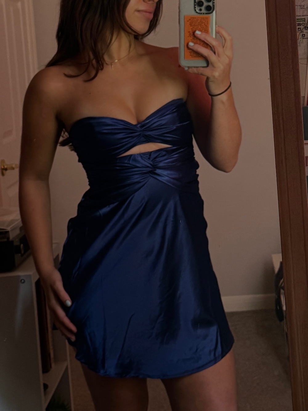 American Threads Navy Blue Satin Twist-Front Mini Dress